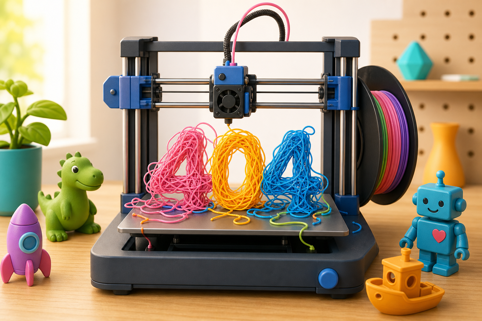 A cheerful 3D printer with colorful filament tangled into the number 404.